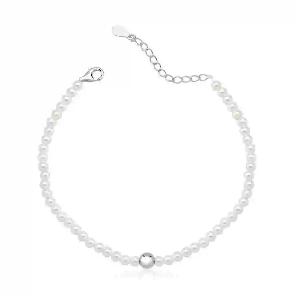 Pulseira Feminina de Prata 925 Pérolas e Bolinha Produto Pulseira Feminina de Prata 925 Pérolas e Bolinha