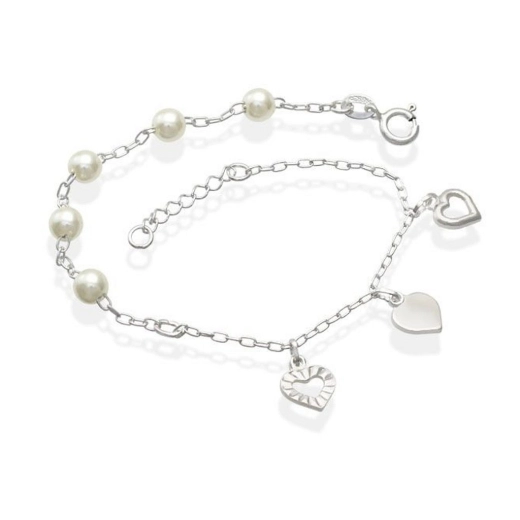 Produto Pulseira Feminina de Prata 925 Pérolas e Corações pendente
