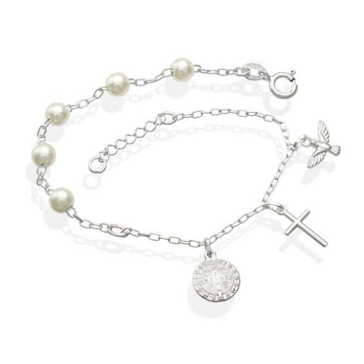 Produto Pulseira Feminina de Prata 925 Pérola e Pingentes Religiosos pendente