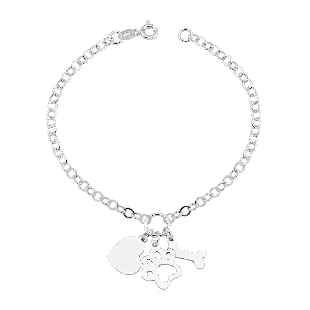 Produto Pulseira Feminina de Prata 925 Patuá com Coração, Patinha e Osso
