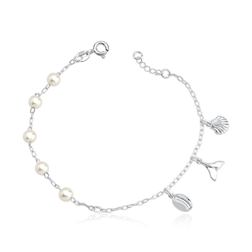 Pulseira feminina perolas concha búzios e rabo de baleia - Prata 925 Produto Pulseira feminina perolas concha búzios e rabo de baleia - Prata 925