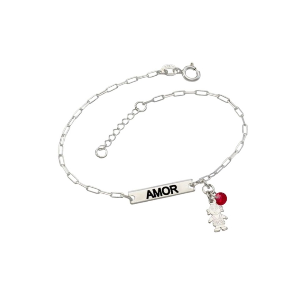 Produto Pulseira Feminina de Prata 925 Placa Amor e Menina com Zircônia