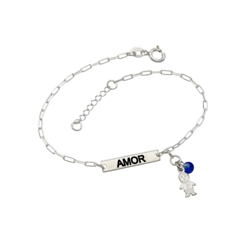 Produto Pulseira Feminina de Prata 925 Placa Amor e Menino com Zircônia