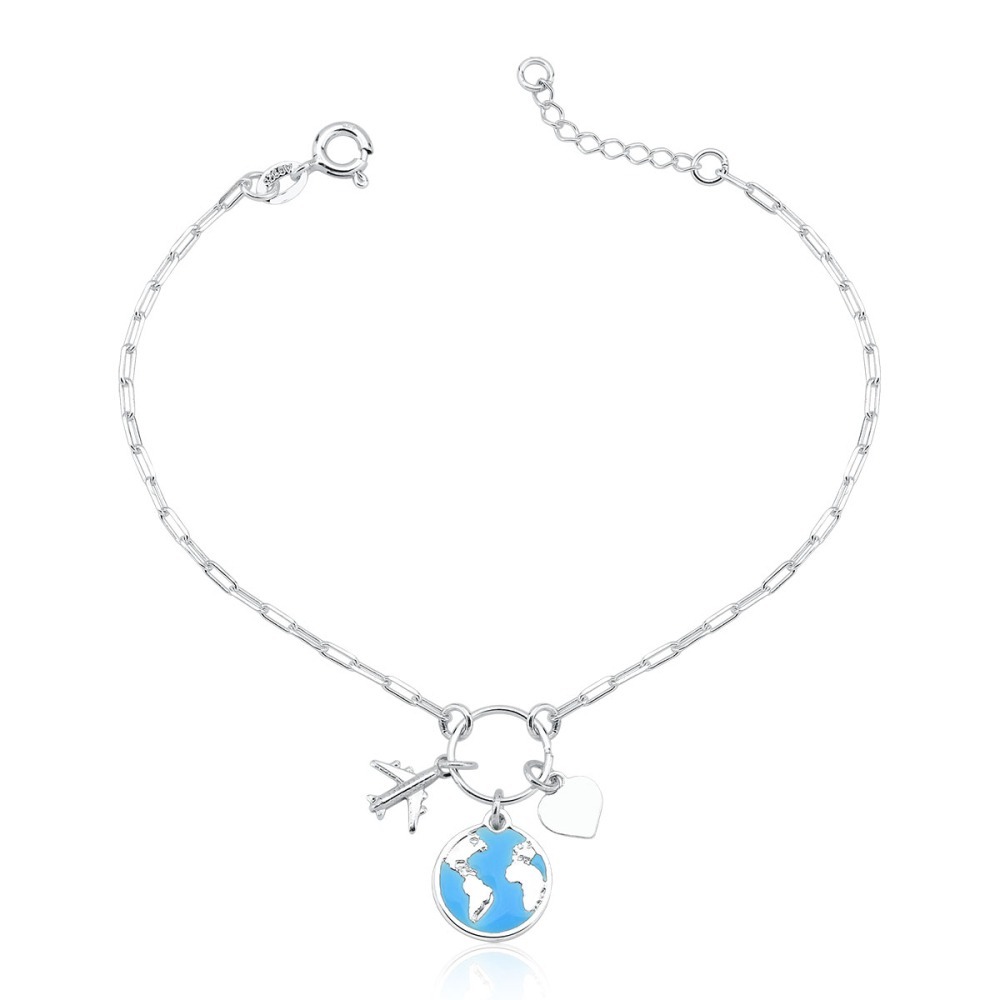 Produto Pulseira Feminina de Prata 925 Viagem ao mundo e coração