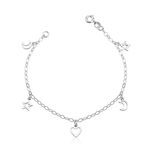 Produto Pulseira de prata 925 Estrela Lua e Coração Pendente
