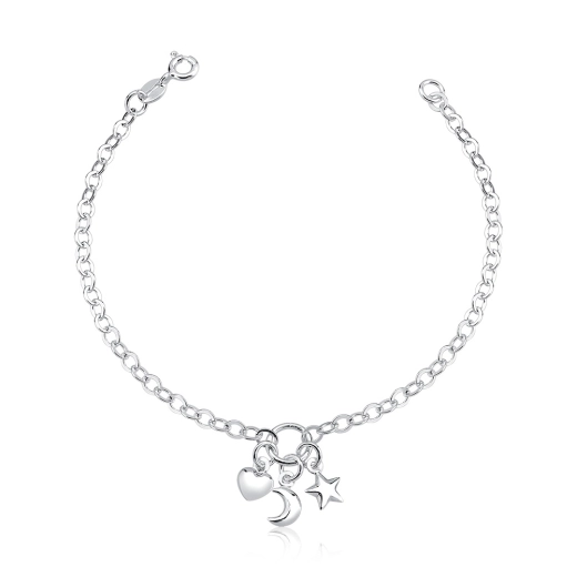 Produto Pulseira feminina de prata 925 Patuá Coração Estrela e Lua