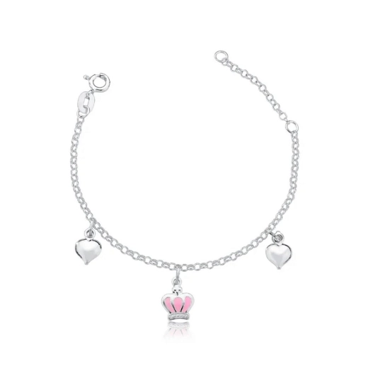 Produto Pulseira infantil coroa rosa e coração - prata 925