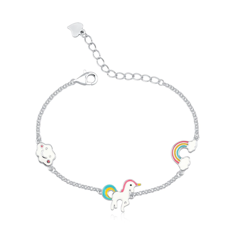 Pulseira Infantil de Prata 925 Nuvem, Unicornio e Aro-Íris Produto Pulseira Infantil de Prata 925 Nuvem, Unicornio e Aro-Íris