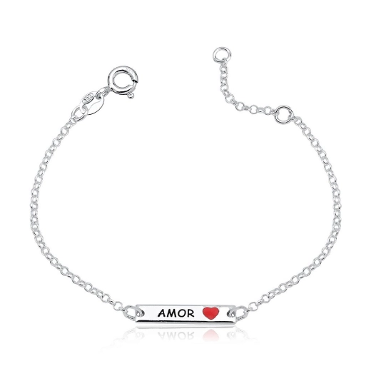 Produto Pulseira infantil plaquinha amor coração resinado vermelho prata 925
