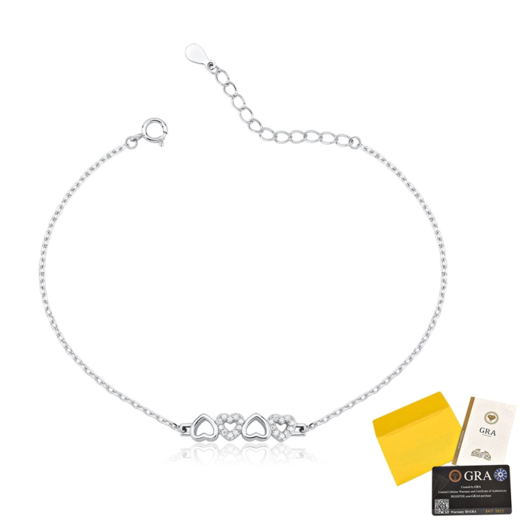 Pulseira Moissanite de Prata 925 Corações Vazados e Cravejados Produto Pulseira Moissanite de Prata 925 Corações Vazados e Cravejados