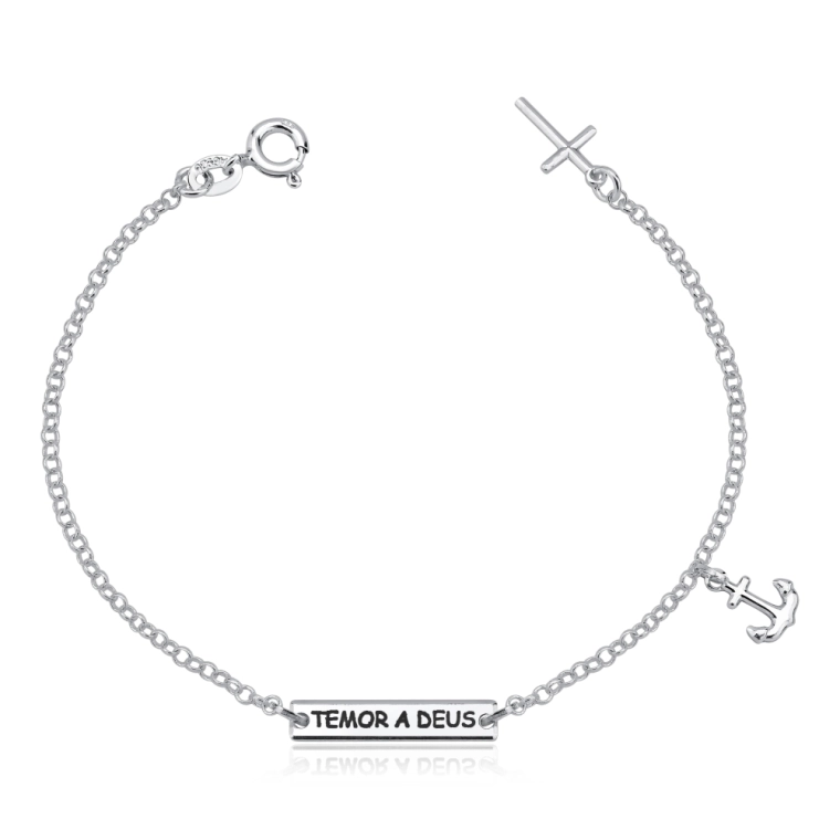 Produto Pulseira placa temor a Deus cruz e âncora prata 925