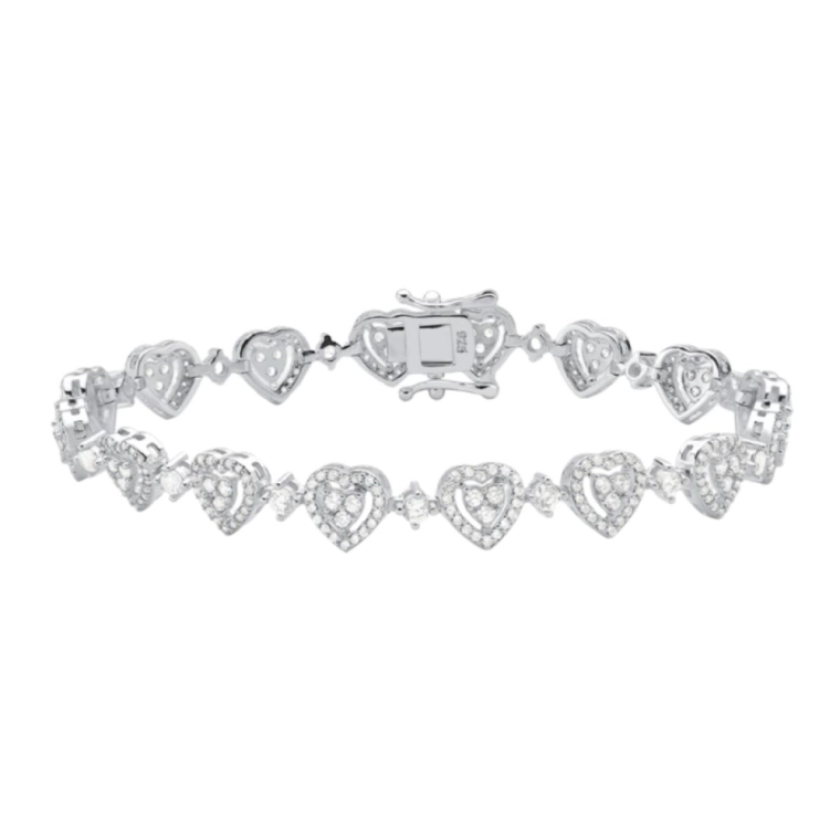 Pulseira Riviera de Prata 925 Corações Cravejados Produto Pulseira Riviera de Prata 925 Corações Cravejados