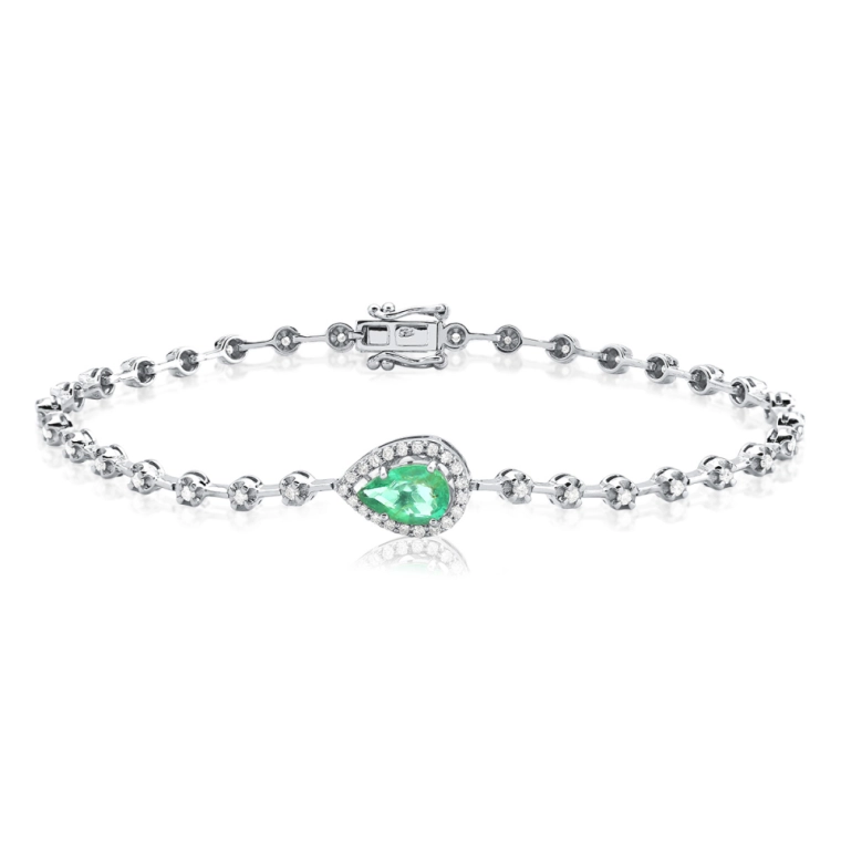 Pulseira Riviera em Ouro Branco 18K com Esmeralda Gota e Diamantes Produto Pulseira Riviera em Ouro Branco 18K com Esmeralda Gota e Diamantes