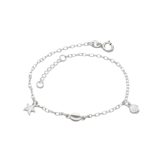 Produto Tornozeleira Feminina de Prata 925 Buzio Concha e Estrela do Mar