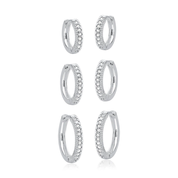Produto Trio de Brincos Argola de Prata 925 Click com Zircônias Cravejadas
