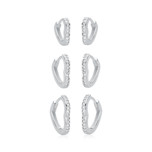 Produto Trio de Brincos Argola de Prata 925 Click Coração com Zircônias