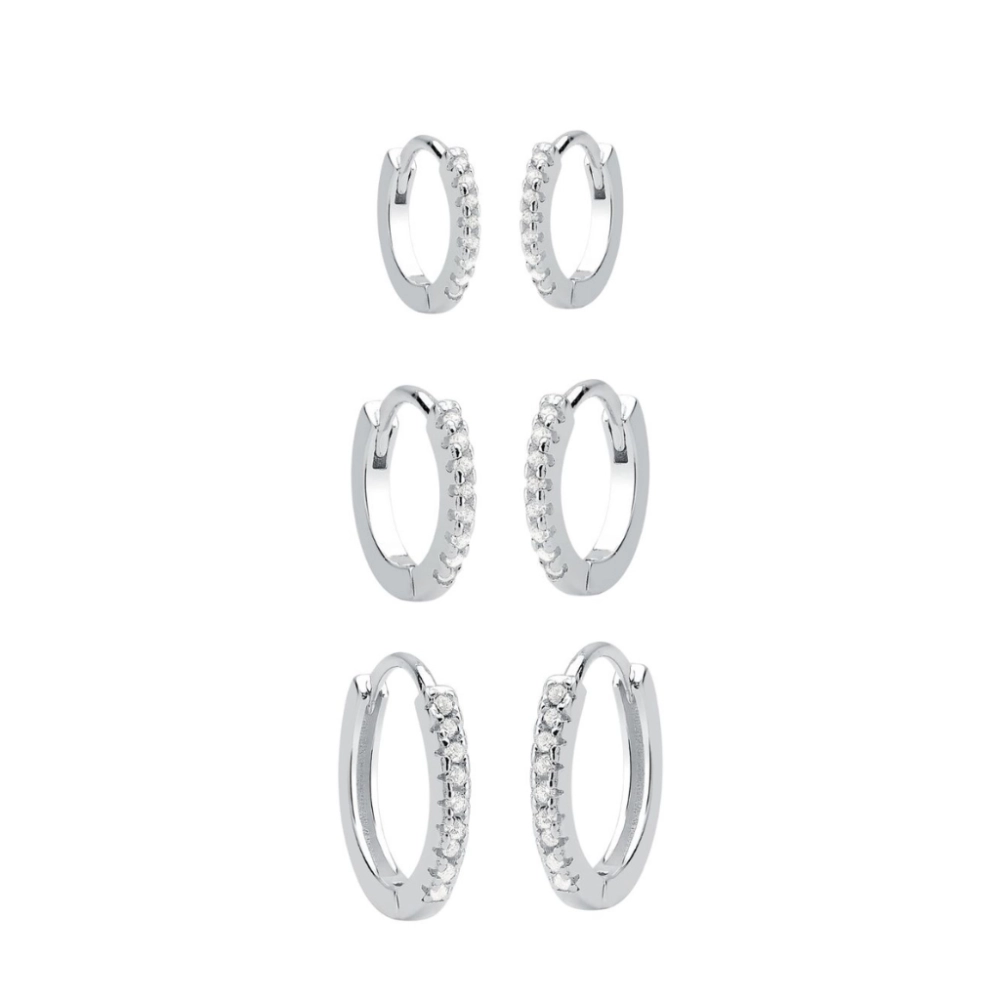 Produto Trio de Brincos Argola de Prata 925 Click Cravejada com 9mm/ 10mm/ 12mm
