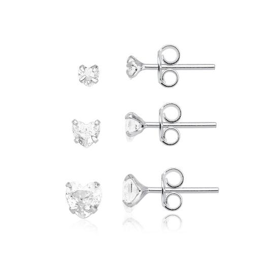 Produto Trio de brincos zircônia formato de coração - prata 925