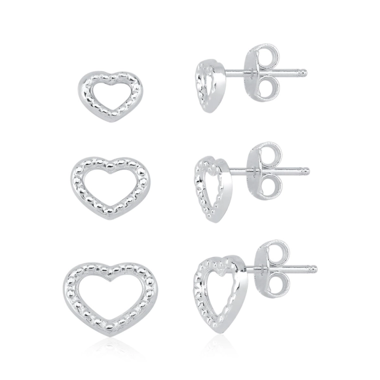 Trio de Brincos Feminino de Prata 925 Coração Vazado Produto Trio de Brincos Feminino de Prata 925 Coração Vazado