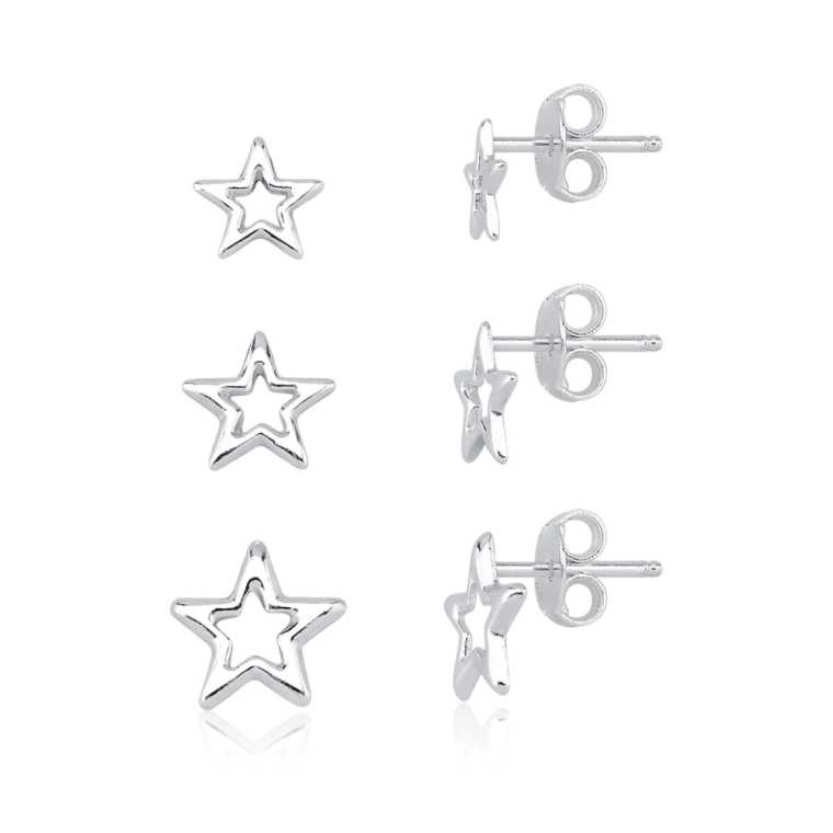 Produto Trio de Brincos Feminino de Prata 925 Estrela Vazada
