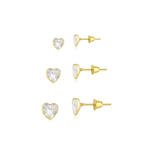 Produto Trio de brincos de ouro 18k formato de Coração - Zircônias Cristal