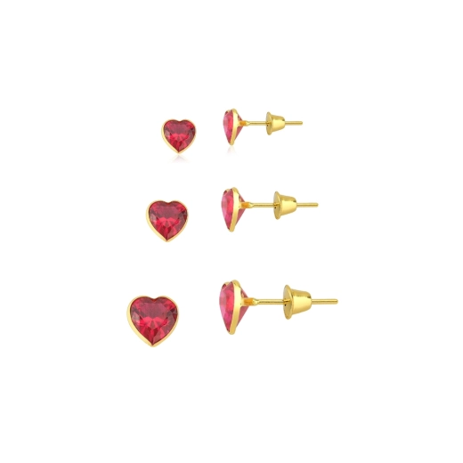 Produto Trio de Brincos de Ouro 18k Coração com Zircônias Rosa Rubi