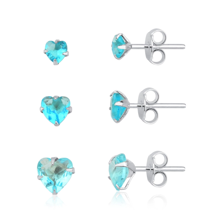 Produto Trio de Brincos Prata 925 Coração Azul Piscina