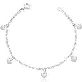 Produto - Tornozeleira elo portugues e corações chapados prata 925