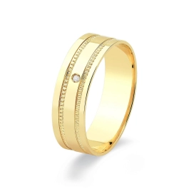 Aliança de Ouro 18k 6mm com Diamante e Frisos Laterais Produto - Aliança de Ouro 18k 6mm com Diamante e Frisos Laterais