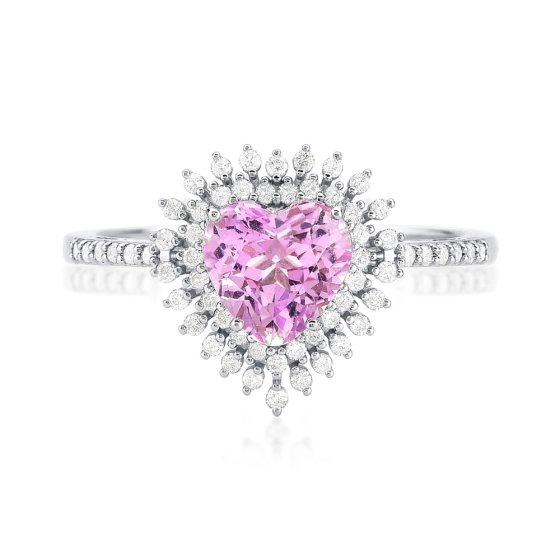 Produto - Anel com Diamantes e Kunzita em Ouro Branco formato de Coração