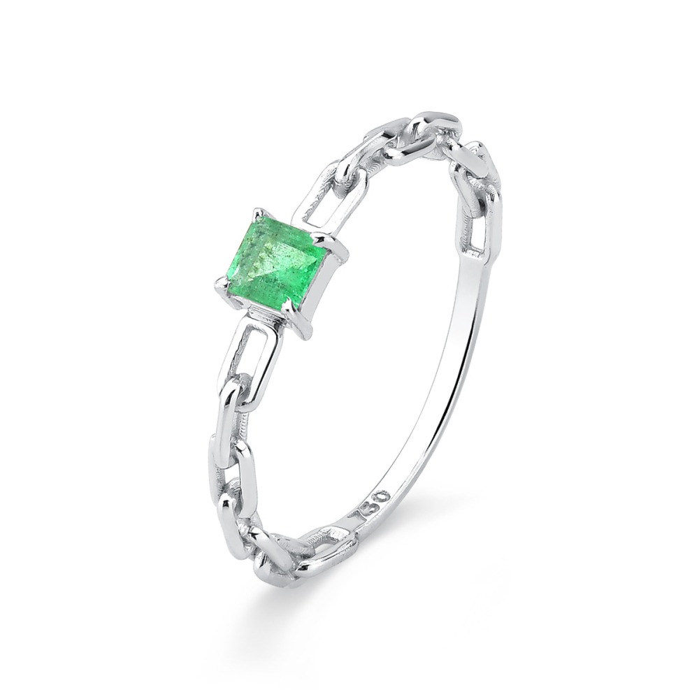 Anel de Ouro Branco 18k Cadeado com Esmeralda Quadrada 3.4mm Produto - Anel de Ouro Branco 18k Cadeado com Esmeralda Quadrada 3.4mm