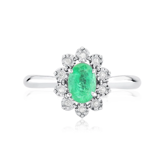 Produto - Anel de Ouro Branco 18K com Esmeralda Oval 0,90 ct e Diamantes 0,05 ct