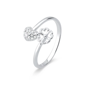 Anel de Prata 925 Coração Cravejado e Trevo da Sorte Vazado Produto - Anel de Prata 925 Coração Cravejado e Trevo da Sorte Vazado