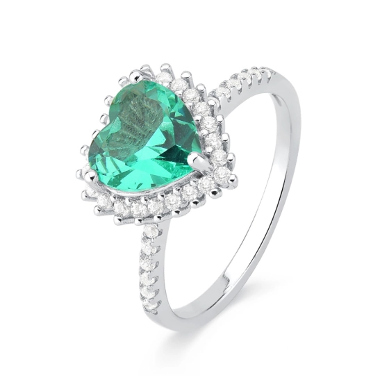 Produto - Anel de Prata 925 Moissanite e Coração Verde Água