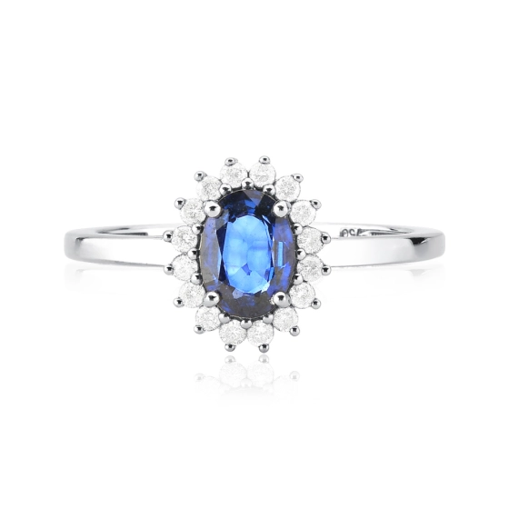 Anel Halo com Safira e Diamantes em Ouro Branco 18k | Alta Joalheria Produto - Anel Halo com Safira e Diamantes em Ouro Branco 18k | Alta Joalheria
