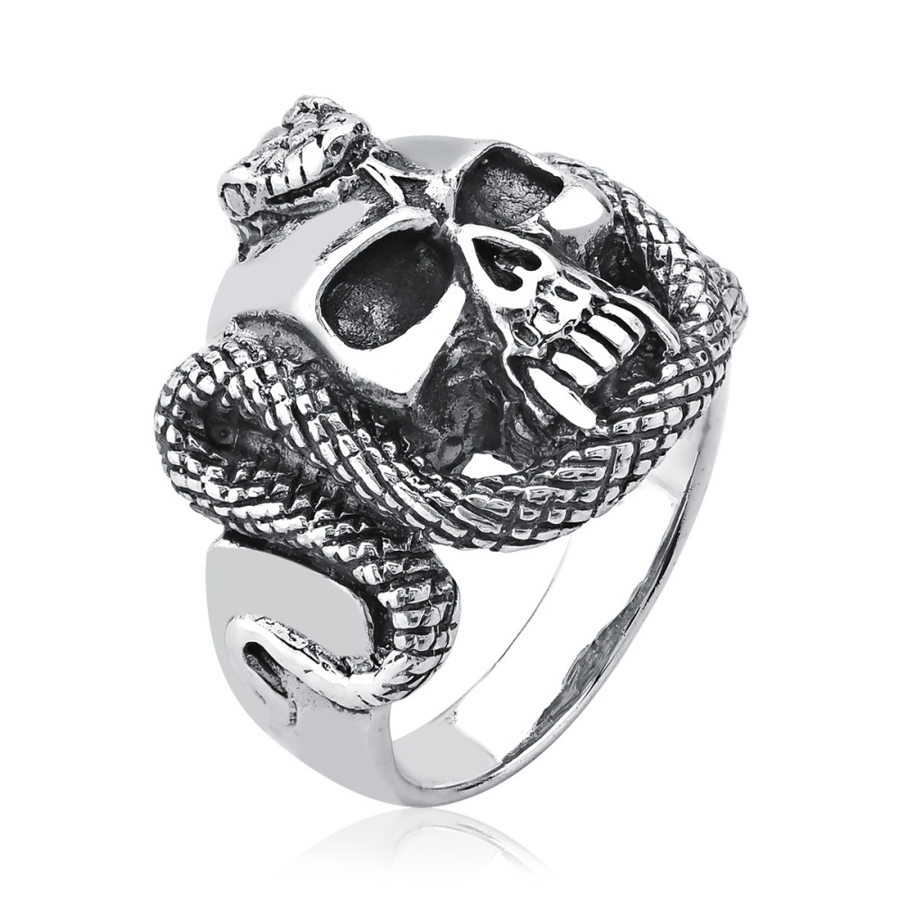 Anel Masculino de Prata 925 Caveira com Cobra Produto - Anel Masculino de Prata 925 Caveira com Cobra