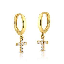 Produto - Argola de Ouro 18k Redonda com Cruz Cravejada pendente