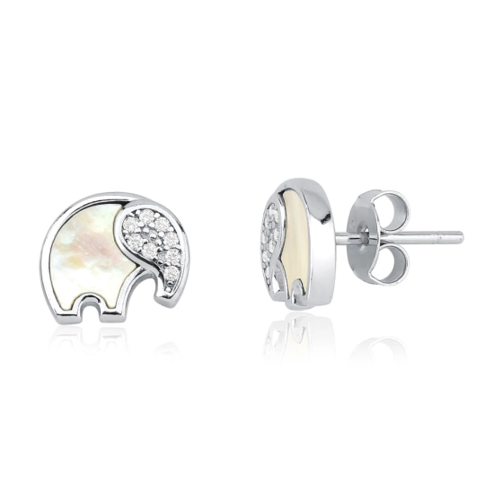 Produto - Brinco Feminino de Prata 925 Elefante Madrepérola e Zircônias