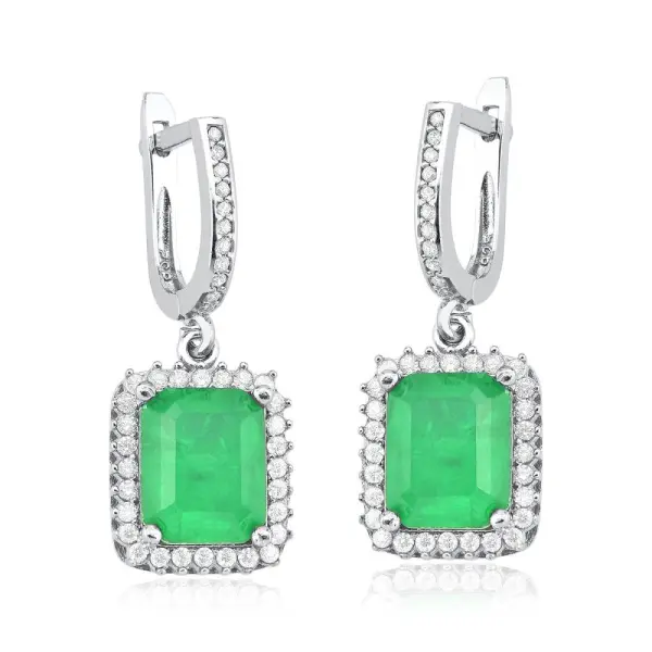 Produto - Brinco Feminino de Prata 925 Retangular com zircônia Verde Esmeralda