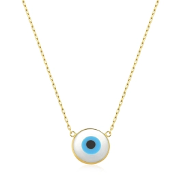 Produto - Colar de Ouro 18k Elo Quadrado com 45cm e Olho Grego em Madreperola