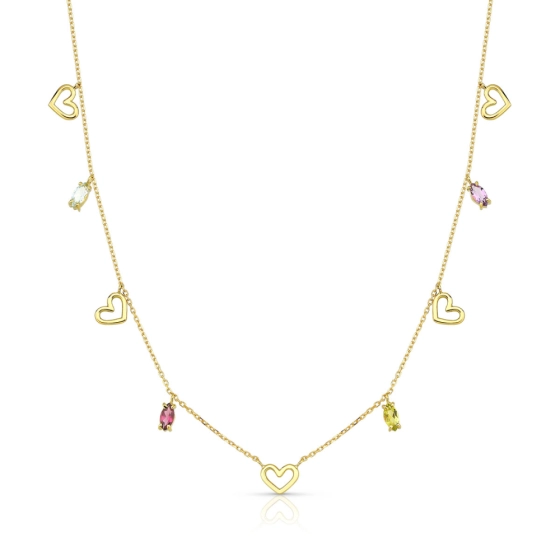 Produto - Colar de Ouro 18k Pingentes Corações e Safiras Colorida