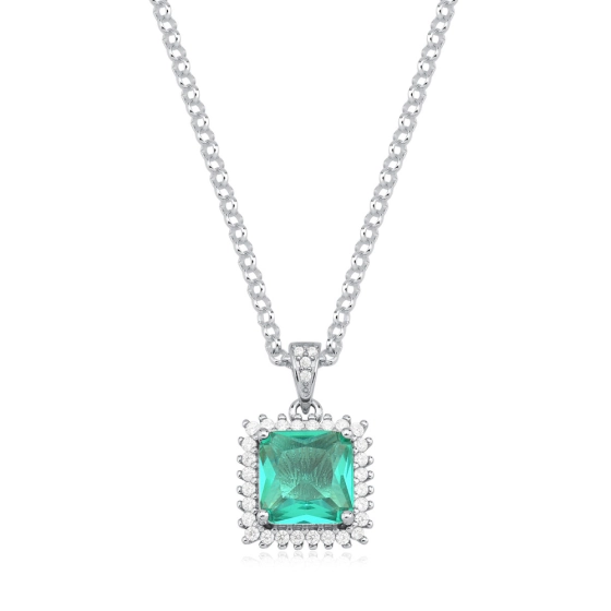 Produto - Colar Feminino de Prata 925 Elo Português e Quadrado Cravejado