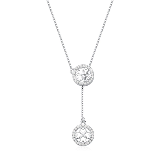 Produto - Colar Feminino de Prata 925 Gravatinha com Trevo e Zircônias Cravejada