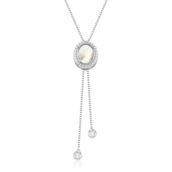Produto - Colar Feminino de Prata 925 Gravatinha Redondo com Madrepérola e Ponto de Luz