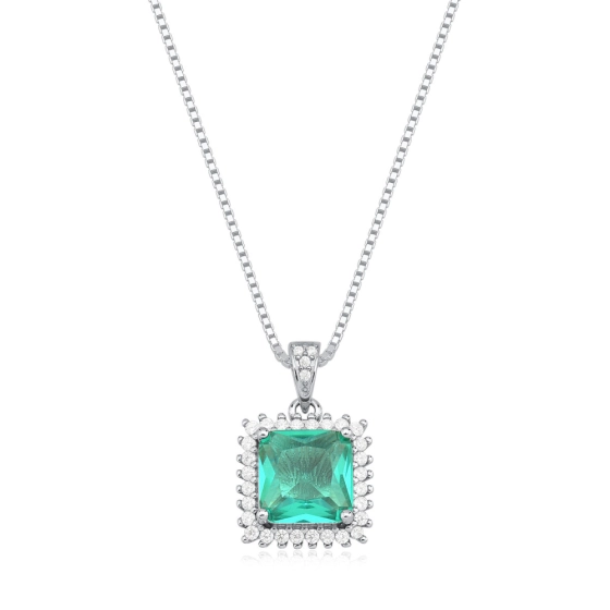 Produto - Colar Feminino de Prata 925 Veneziana e Quadrado Cravejado