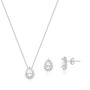Conjunto Brinco e Colar de Prata 925 Gota Cravejada Cristal Produto - Conjunto Brinco e Colar de Prata 925 Gota Cravejada Cristal