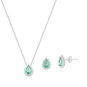 Conjunto Brinco e Colar de Prata 925 Gota Cravejada Verde Água Produto - Conjunto Brinco e Colar de Prata 925 Gota Cravejada Verde Água