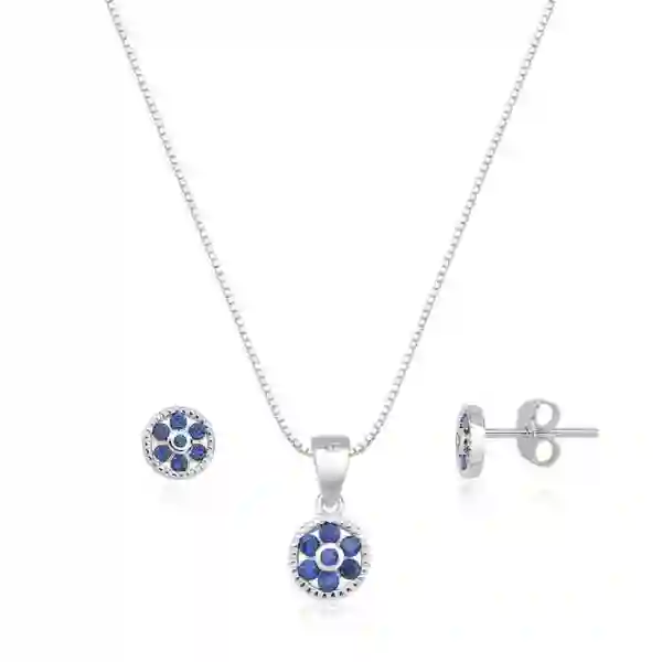 Produto - Conjunto Brinco e Colar de Prata 925 Redondo Cravejado Azul Marinho