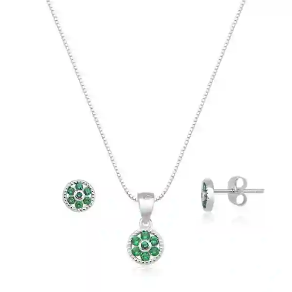 Produto - Conjunto Brinco e Colar de Prata 925 Redondo Cravejado Verde Esmeralda