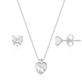 Produto - Conjunto Brinco e Colar de Prata 925 Coração Cristal